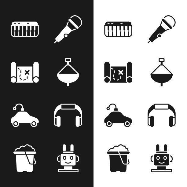 设置旋转玩具，海盗藏宝图，音乐合成器，麦克风，无线电控制汽车，耳机，机器人和桶里的沙子图标。向量图片下载