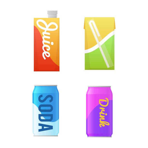 自动售货的产品。饮料包装。自动化机器使用的非酒精饮料。饮用水和果汁瓶。碳酸汽水罐。矢量纸板或金属容器设置图片下载