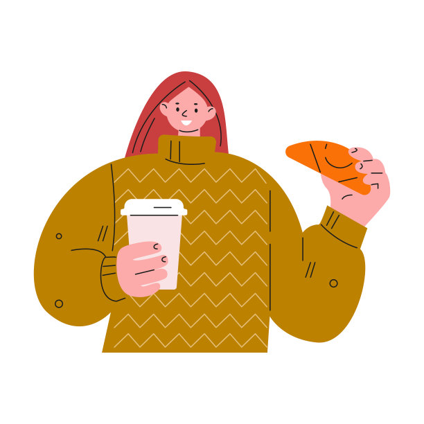 年轻女子端着咖啡和羊角面包。平面风格的矢量插图。图片下载