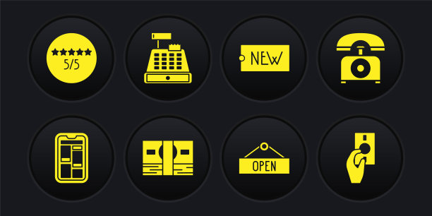 设置网上购物的电话，电话，堆叠纸币现金，挂标志与开放，价格标签文本新，收银机，手握和消费者或客户产品评级图标。向量图片下载