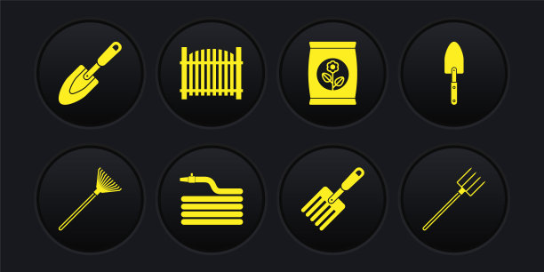 设置花园耙树叶，铲子铲，水龙带消防水龙带，叉子，肥料袋，栅栏，干草叉和图标。向量图片下载