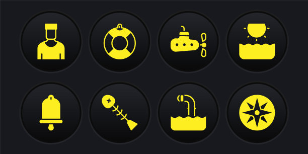 设置船钟，太阳，死鱼，潜望镜，潜艇，救生圈，风玫瑰和水手船长的图标。向量图片下载