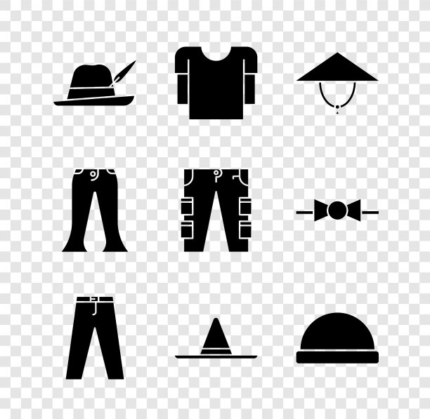 设置啤酒节帽子，长袖衬衫，亚洲圆锥形，裤子，园丁工人，豆豆帽，和工装裤图标。向量图片下载