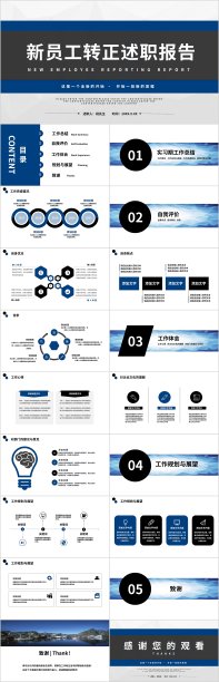蓝黑色简约新员工转正述职报告通用PPT模板图片下载