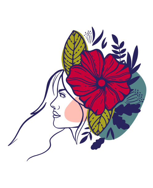女人脸上以极简主义风格装饰着鲜艳的鲜花，在一张抽象的海报上向国际妇女节献礼。图片下载
