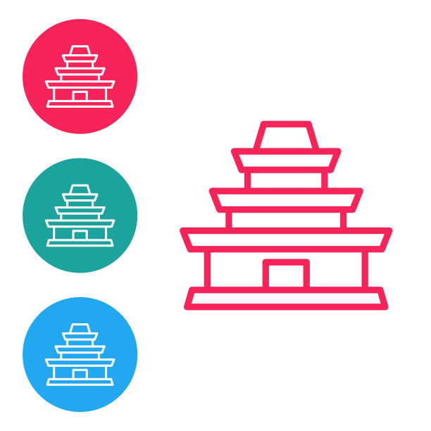 红色线传统韩国寺庙建筑图标孤立在白色背景。在圆形按钮中设置图标。向量图片下载