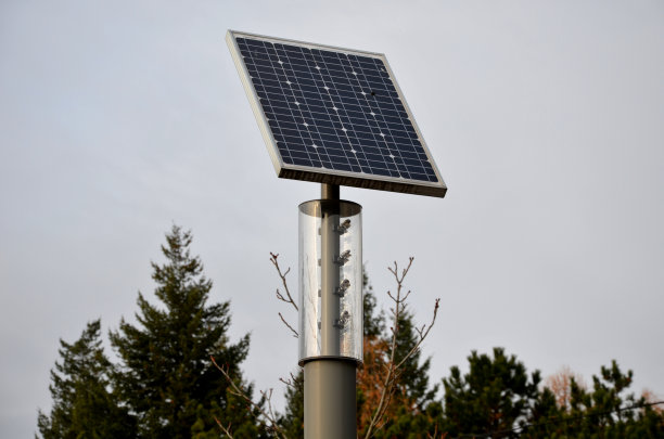 灰色不锈钢圆柱状。这是一盏有透明罩和LED灯泡的灯。在路灯的顶部有一个小的太阳能电池板。公园图片下载