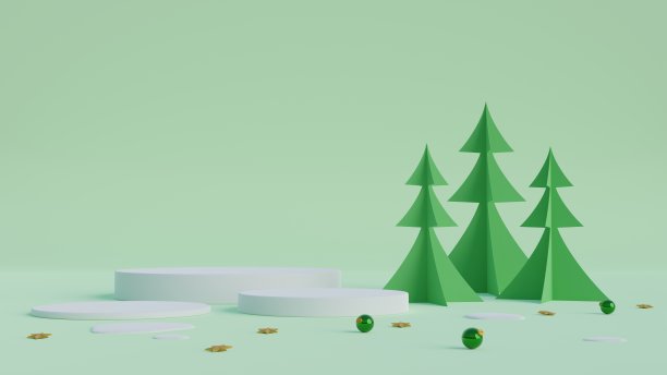 最小的场景与几何形状与圆柱体讲台上的绿色背景。圣诞快乐，新年快乐。3 d渲染插图。图片下载