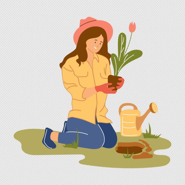 少女洒水壶植物花朵彩色图片下载