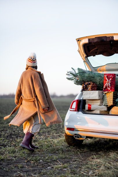 女人和一辆装满新年礼品盒的车图片下载