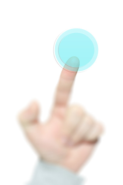 人的手指按下白色背景上的虚拟技术界面按钮图片下载