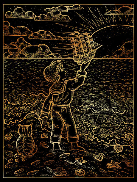 黑色和金色插图上的小男孩站在海边，手握手工制作的帆船迎着初升的太阳图片下载