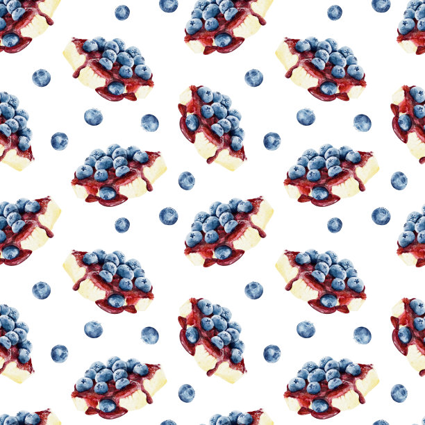无缝图案与水彩芝士蛋糕和蓝莓孤立的白色背景。图片下载