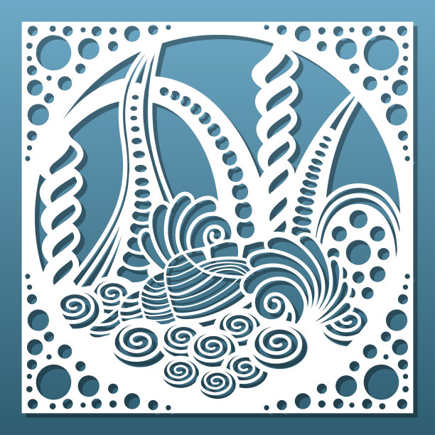 激光切割板，数控切割钢网。海底世界与贝壳，珊瑚礁和杂草。纸艺术，墙上挂，瓷砖，房间隐私屏风的家庭室内设计。矢量图图片下载