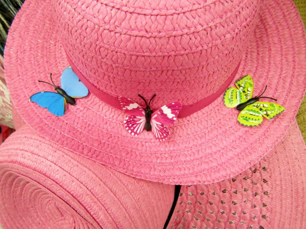 粉红色太阳帽上装饰的蝴蝶图片下载