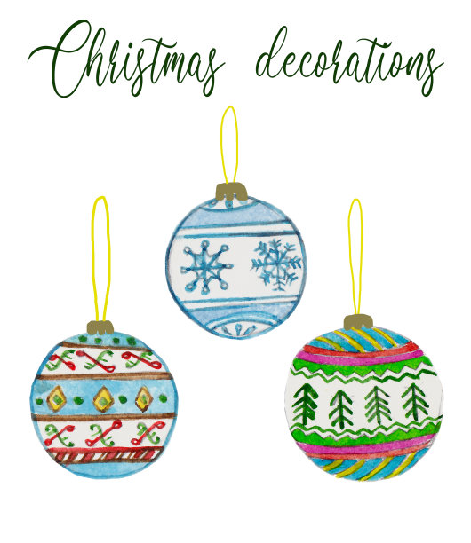 水彩圣诞装饰剪贴画，手绘松木玩具，水彩物件，图片下载