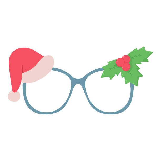 圣诞晚会眼镜与圣诞老人的帽子和冬青浆果叶子矢量卡通插图孤立在白色的背景。图片下载