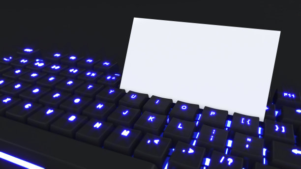 在机械键盘上显示一张名片。品牌标识模板。孤立的名片和名片模型图片下载