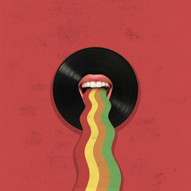 当代艺术拼贴黑胶唱片与女性嘴和彩虹路径孤立的红色背景图片下载