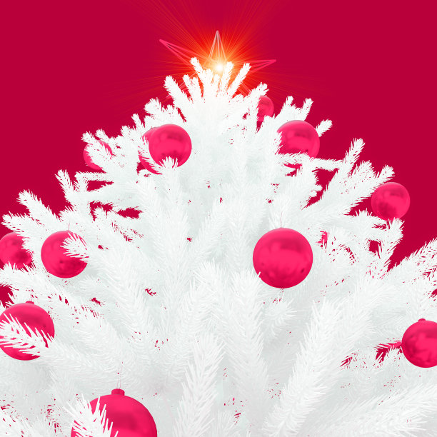 一棵白色的人造圣诞树的碎片，还有玩具和一颗发光的星星。自底向上的视图。关闭框架在樱桃色背景。图片下载