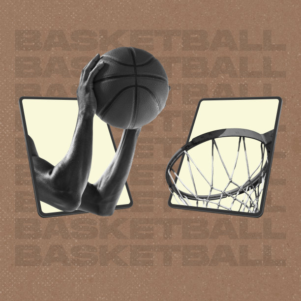 当代艺术拼贴，男性的手与篮球伸出平板电脑屏幕，扔进孤立的篮子在棕色背景图片下载