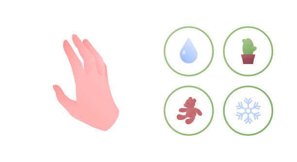 人的感觉和知觉概念。矢量平面图标插图。棕榈，软玩具，液体，雪和仙人掌触摸符号孤立在白色背景。图片下载