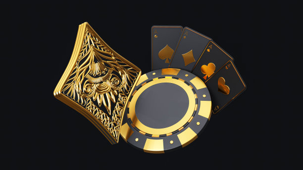 扑克牌图标，传统刺绣扑克牌符号，扑克筹码和王牌。黑色和金色孤立在黑暗的背景。三维渲染图片下载