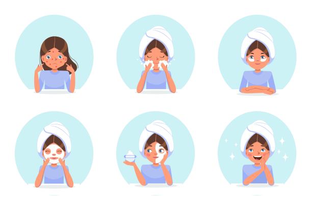 年轻女子使用化妆品皮肤清洁。皮肤护理和皮肤病问题。少年的皮肤。粉刺和干燥的皮肤。平面卡通矢量插图。保健和护肤程序说明。图片下载