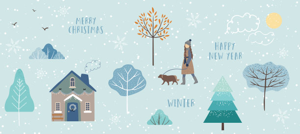 可爱的插图，冬天的树，冷杉树，灌木，树叶，女人，狗，鸟，房子，太阳，雪和云。新年、圣诞物品与自然元素打造一道风景。矢量插图。图片下载