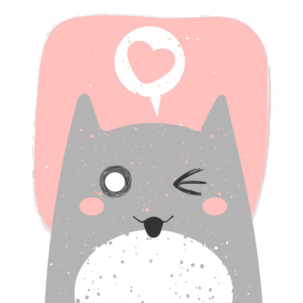可爱的微笑的猫与动漫情感和语言咿呀学语与心。手绘矢量插图Kitty在平面卡通设计。可爱幼稚的剪贴画与小猫。孤立在白色背景。图片下载
