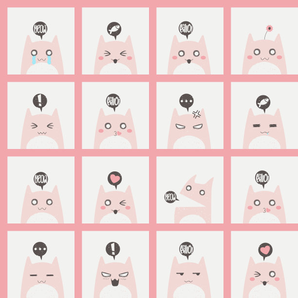 无缝图案与可爱的彩色猫不同的情感。手绘卡通小猫人物矢量重复背景。简单的扁平化设计。图片下载