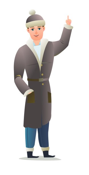 男人穿着冬天的衣服。羊皮外套和保暖的帽子。在冬天的家伙。开朗的人。站立姿势。卡通漫画风格平面设计。单个的字符。孤立在白色背景上的插图。向量图片下载