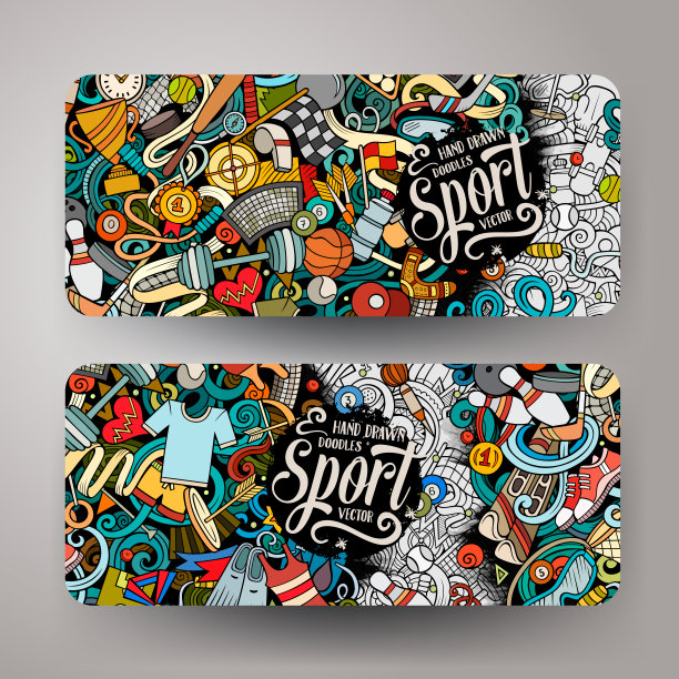 运动手画涂鸦横幅集。卡通详细的传单。图片下载