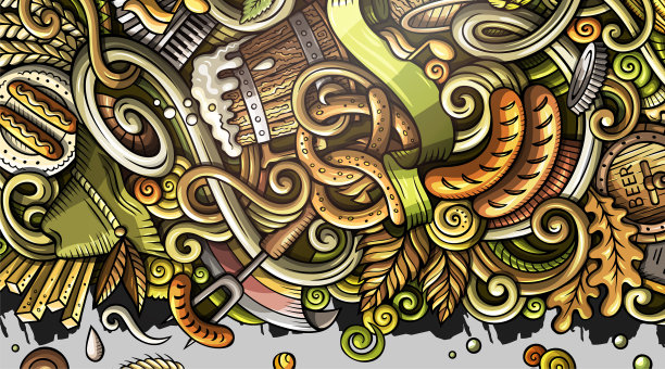 啤酒节手绘涂鸦横幅。卡通详细的传单。图片下载