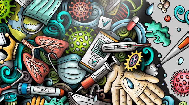 手绘冠状病毒涂鸦横幅。卡通矢量详细传单。图片下载