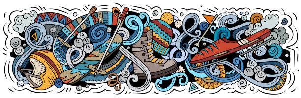 滑雪胜地手绘卡通涂鸦插图。图片下载