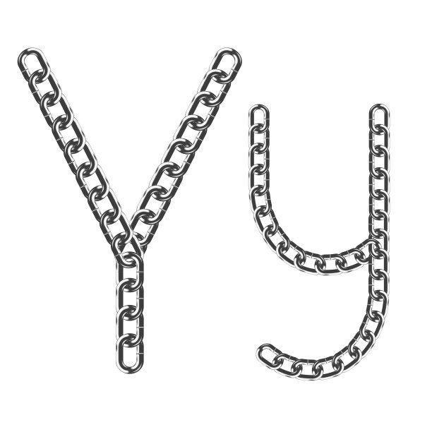 大写字母Y和小写字母Y由真实的金属色链组成。被隔离在白色背景下。矢量插图。图片下载
