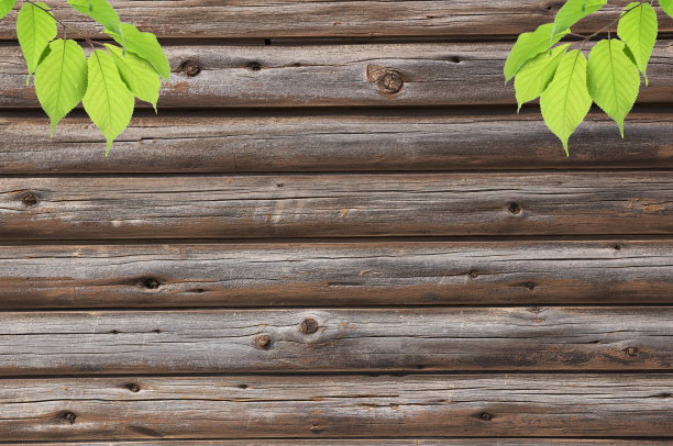 背景材料与木板和树叶。图片下载