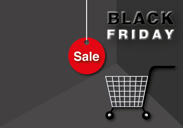 在暗室背景上有出售标志的购物车。黑色星期五促销的概念。图片下载