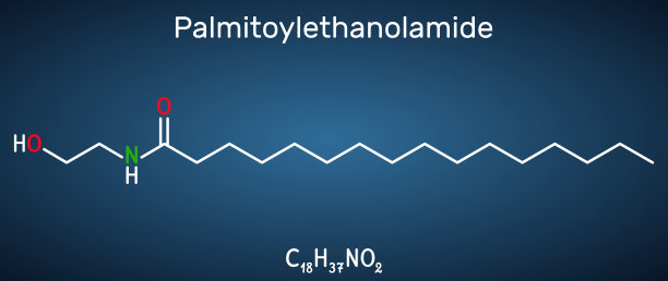 棕榈醇乙醇酰胺，棕榈醇乙醇酰胺，棕榈醇，PEA分子。它是内源性脂肪酸酰胺，用于预防呼吸道病毒感染。深蓝色背景上的结构公式图片下载