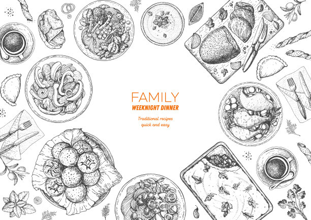 家庭晚餐俯视图，矢量插图。友好的餐桌。食品设计模板。雕刻风格的背景。手绘草图，设计模板。图片下载