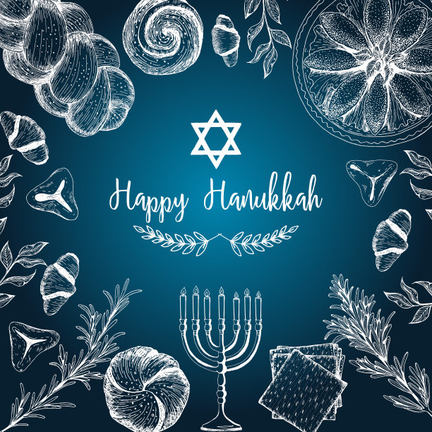 犹太节日的卡片，光明节。手绘素描光明节。矢量插图。线性图形图片下载