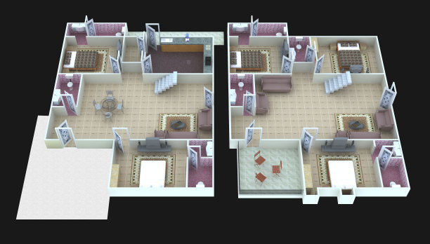 一个现代房屋的平面图和布局的三维渲染图图片下载