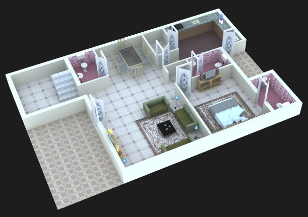 一个三维的，彩色的现代平面图与家具在黑色的背景图片下载