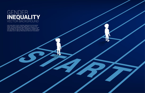 经营理念性别竞争。男孩和女孩的剪影准备跑在起跑线上的赛道。图片下载