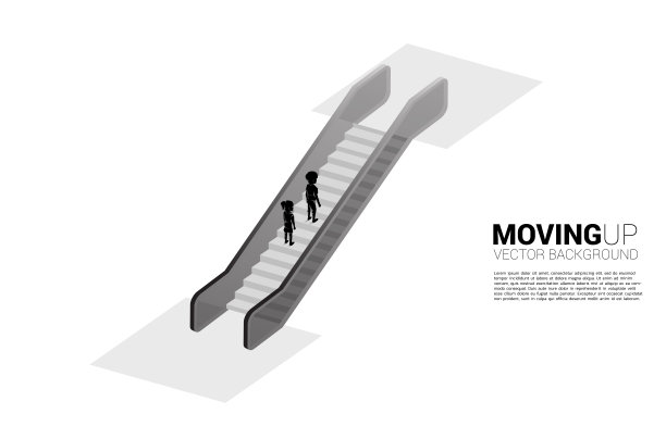 成长图上的男孩和女孩乘自动扶梯上升的剪影。图片下载