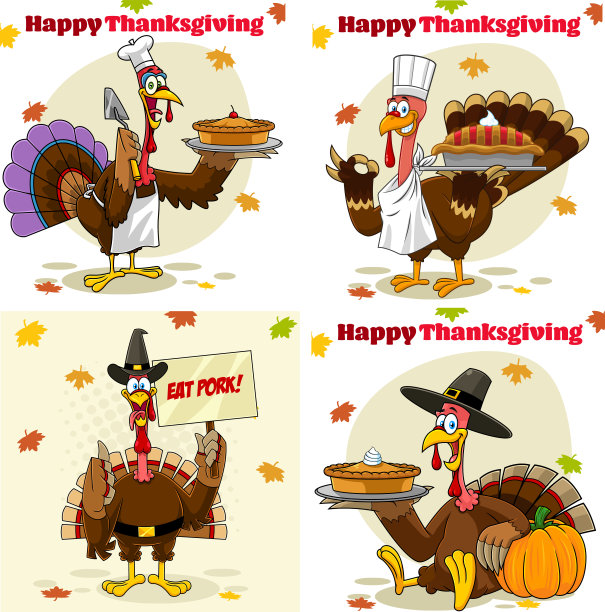 印有火鸡鸟卡通人物的感恩节贺卡。矢量手绘集合集图片下载