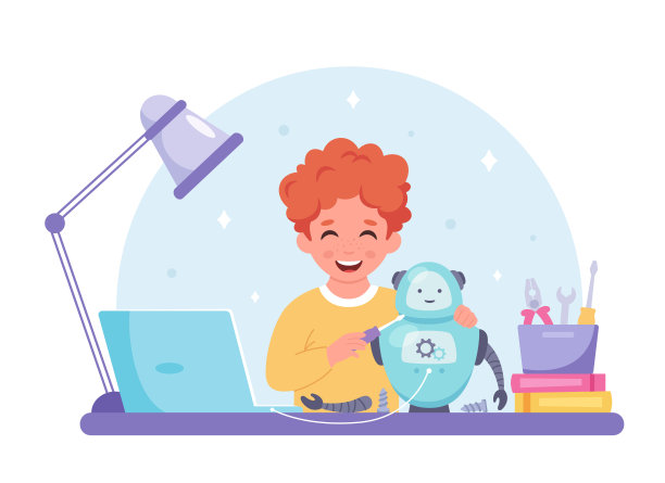 一个小男孩正在创造一个机器人。面向儿童的机器人、编程和工程。矢量图图片下载