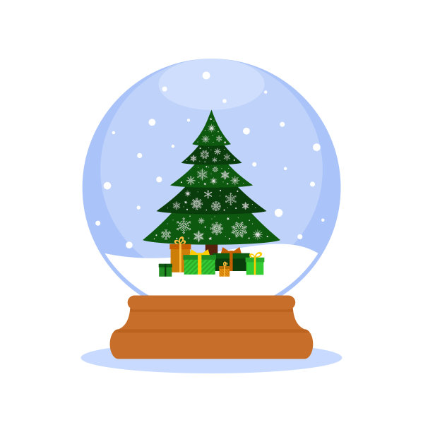 圣诞树里有洁白的雪花，圣诞玻璃球里有礼物。平面向量插图图片下载