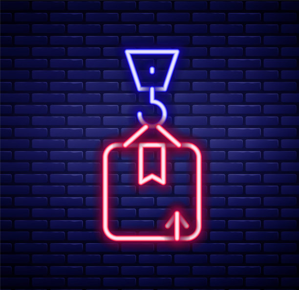 发光的霓虹灯线起重机与纸箱纸箱盒子图标孤立的砖墙背景。起重机吊起装有货物的集装箱。色彩斑斓的轮廓的概念。向量图片下载